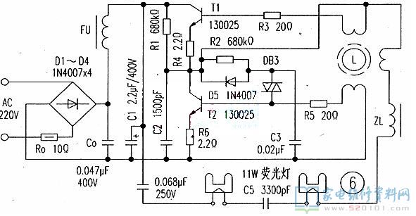 11w节能灯(小菊灯)内部电子镇流器电原理图