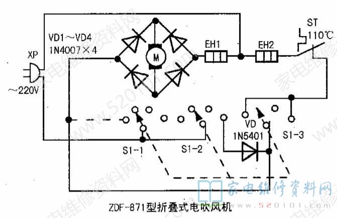 ZDF-871折叠式电吹风机电路原理图